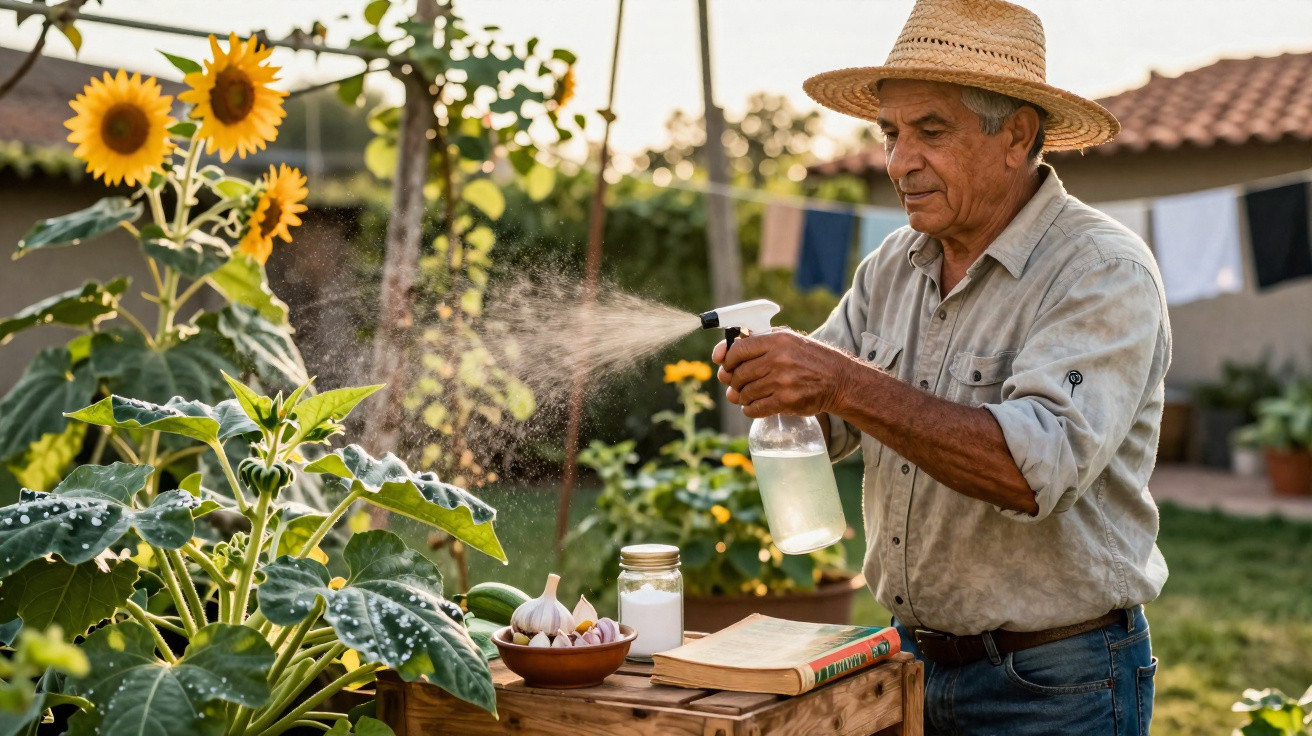 Homem idoso rega plantas de girassol com borrifador em jardim ao ar livre.