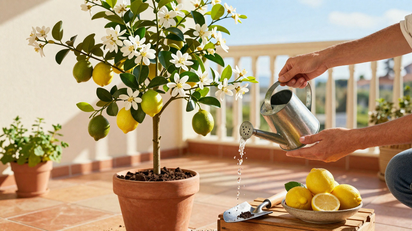 Pessoa regando muda de limoeiro florido em vaso no terraço ensolarado com limões e utensílios.
