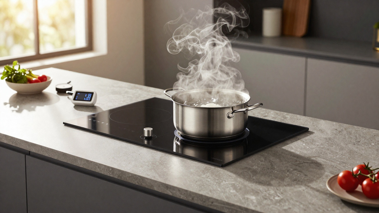 Panela de inox com água fervendo em cooktop preto sobre bancada de pedra cinza.