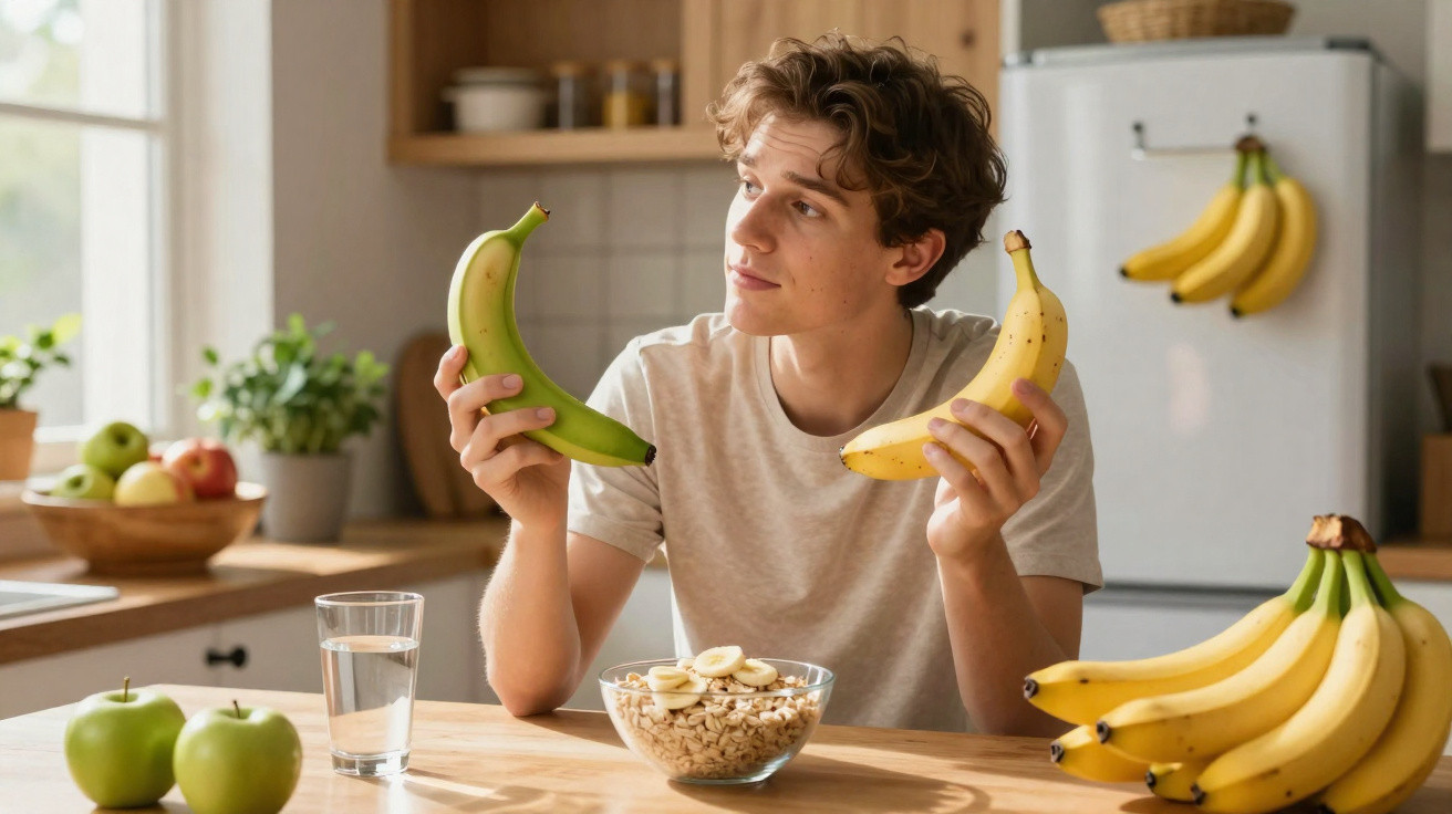 Jovem na cozinha comparando banana verde e banana madura em frente a tigela com farinha de aveia.