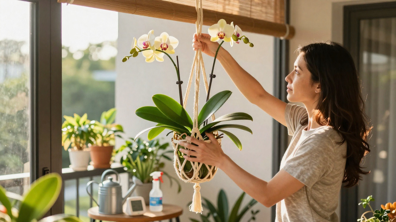 Mulher ajusta orquídea branca suspensa em varanda decorada com plantas e luz natural.