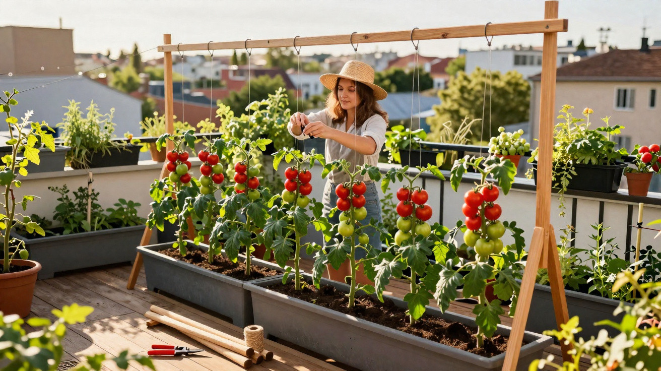 Mulher cuidando de tomateiras vermelhas em vaso grande no terraço ensolarado da cidade.