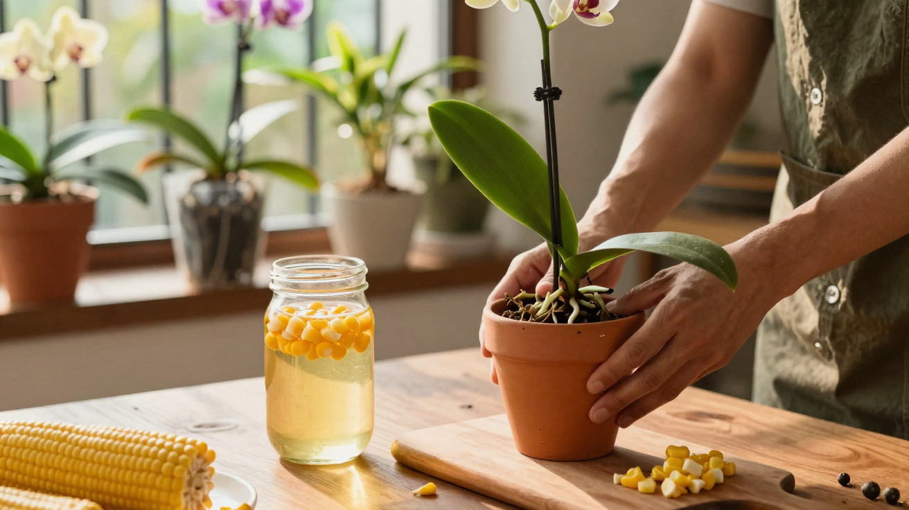 Pessoa cuidando de orquídea em vaso de barro em mesa com milho e pote com líquido amarelo.
