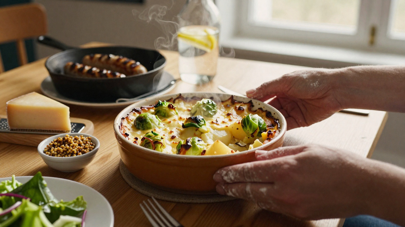 Mãos segurando travessa com gratinado de batata e couve-de-bruxelas na mesa com salada, queijo e salsicha.