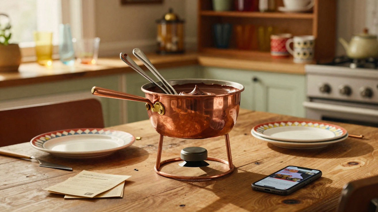 Panela de fondue de chocolate sobre mesa de madeira com dois pratos, talheres, celular e receitas.