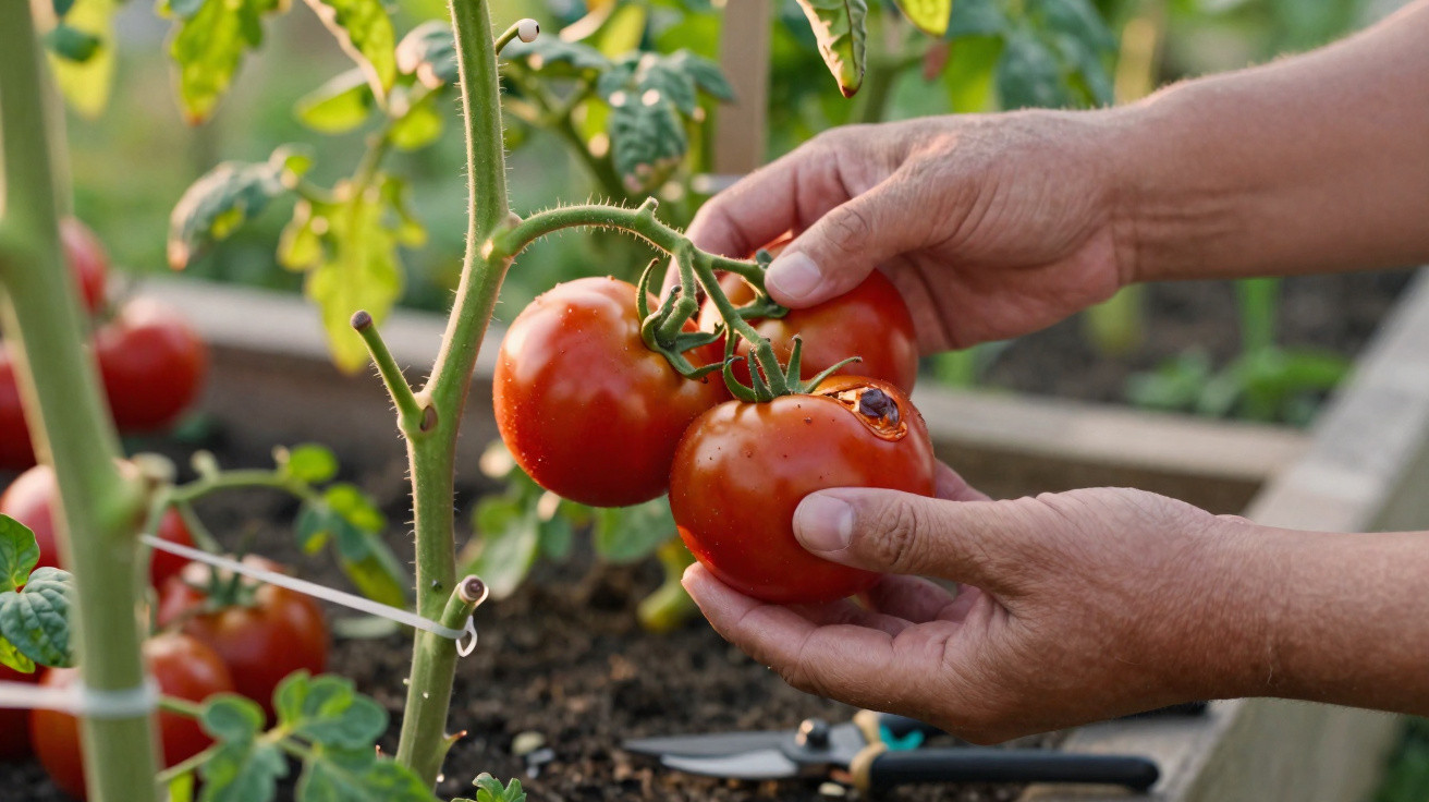 Mãos colhendo tomates maduros em pé de tomate em horta com solo e ferramenta ao fundo.