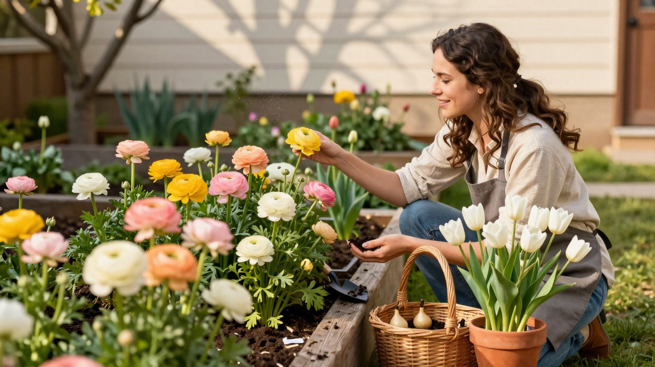 Mulher cuidando de flores coloridas em canteiro no jardim, com cesta e vaso ao lado.