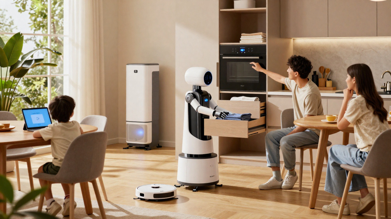 Robô doméstico ajudando em família em cozinha moderna com crianças e equipamentos tecnológicos.