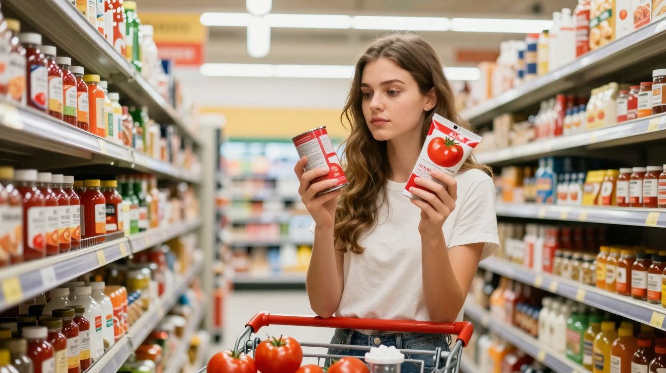 Jovem mulher segurando dois produtos de tomate, comparando rótulos no corredor de supermercado.