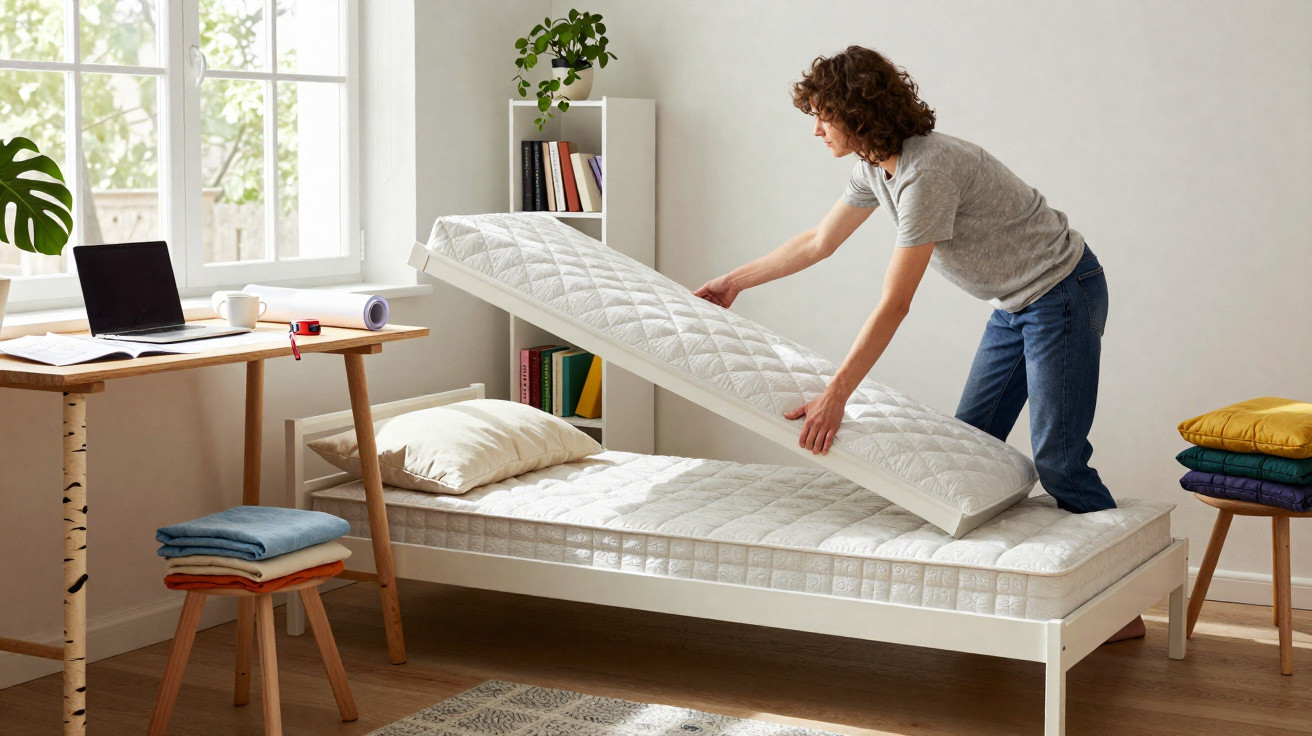 Pessoa organizando colchão sobre cama branca em quarto iluminado com móveis simples e plantas.