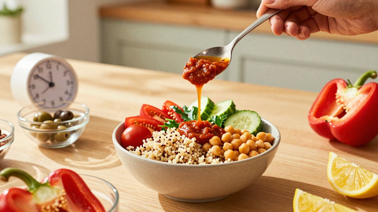 Pessoa adicionando molho de tomate em bowl com grão-de-bico, quinoa, pepino, tomate e folhas verdes.