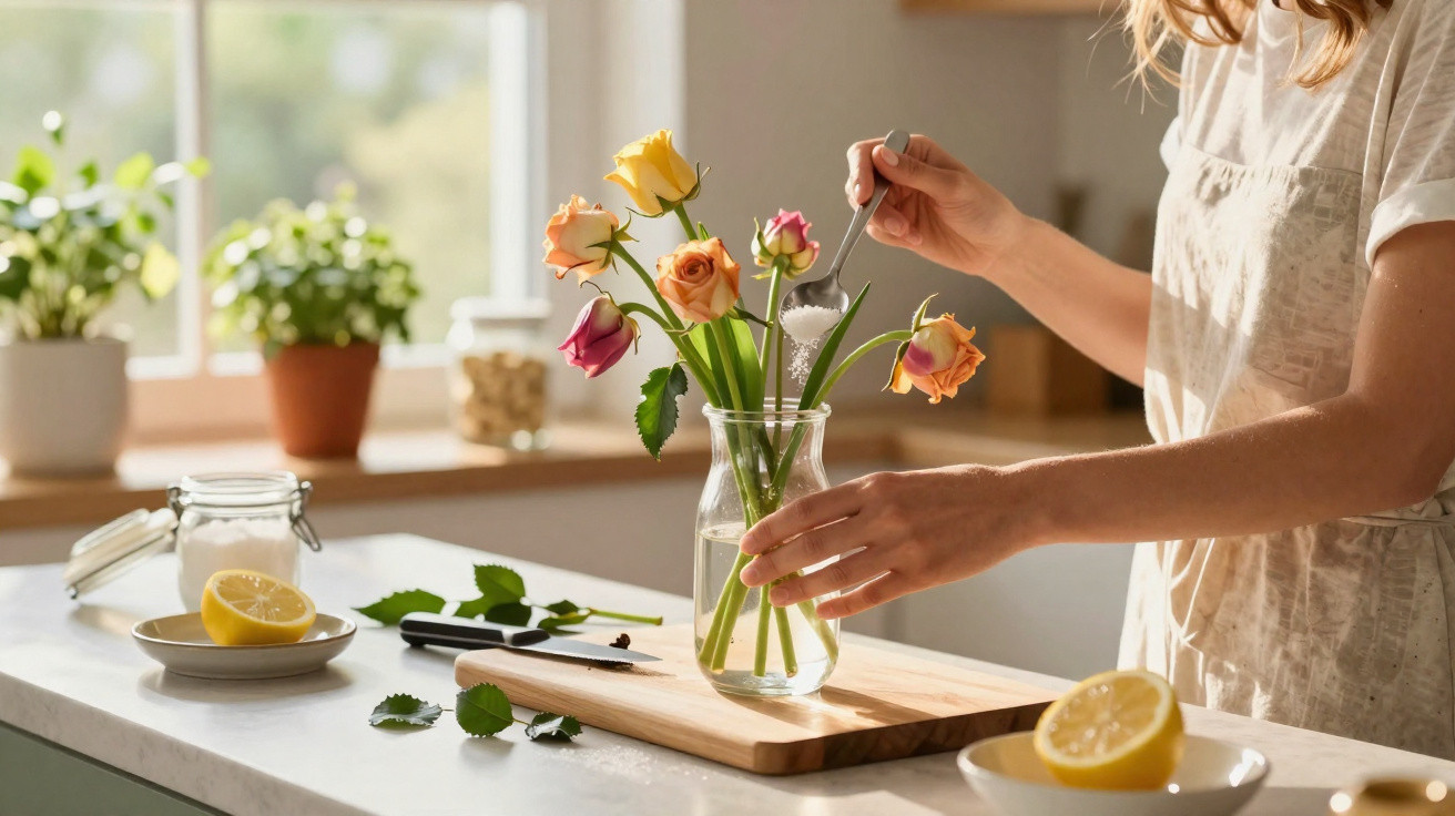 Pessoa adicionando açúcar em um vaso com flores coloridas na cozinha iluminada pelo sol.