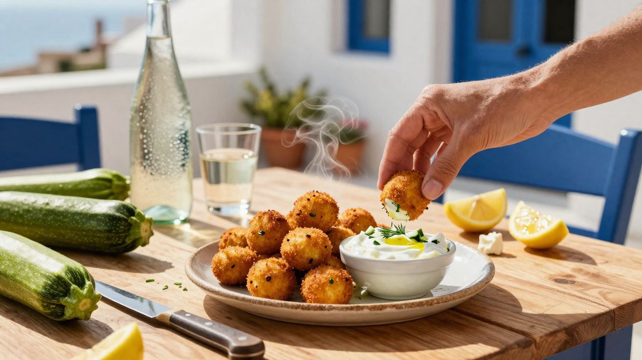 Bolinho frito sendo mergulhado em molho branco em mesa de madeira com limões e abobrinhas.