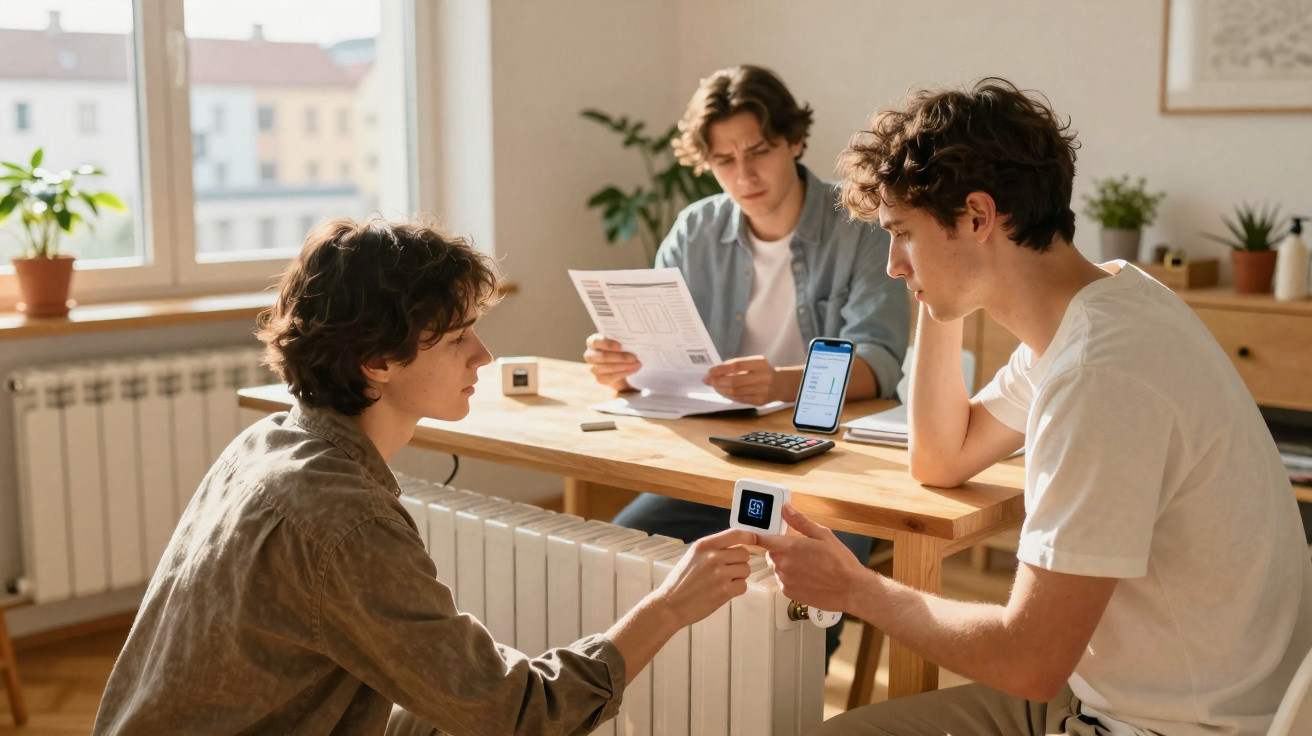 Três jovens analisando contas em uma sala iluminada, um segura medidor digital de energia, outro mostra o aparelho.