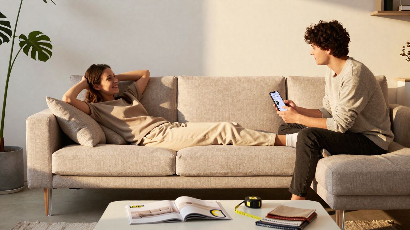 Casal em sofá conversando, homem segurando celular e mulher deitada, ambiente moderno e iluminação natural.