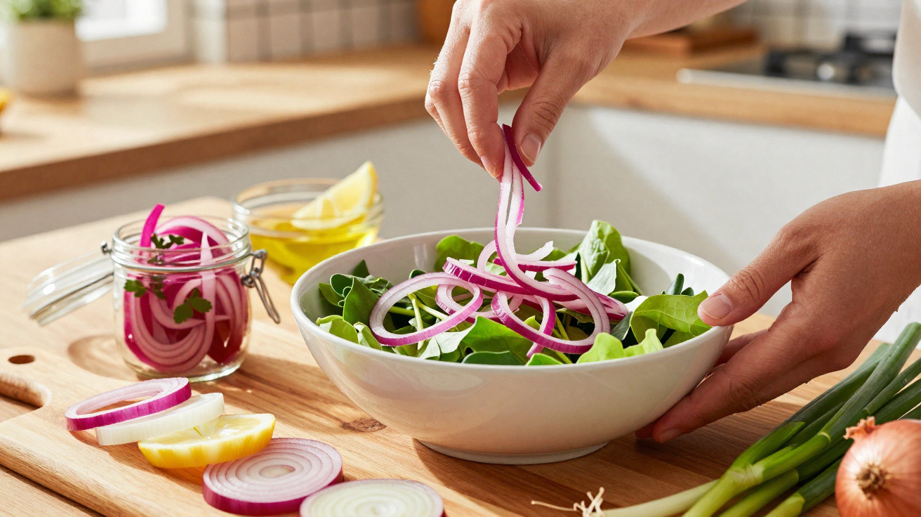 Pessoa colocando fatias de cebola roxa em salada verde em uma tigela branca na cozinha.