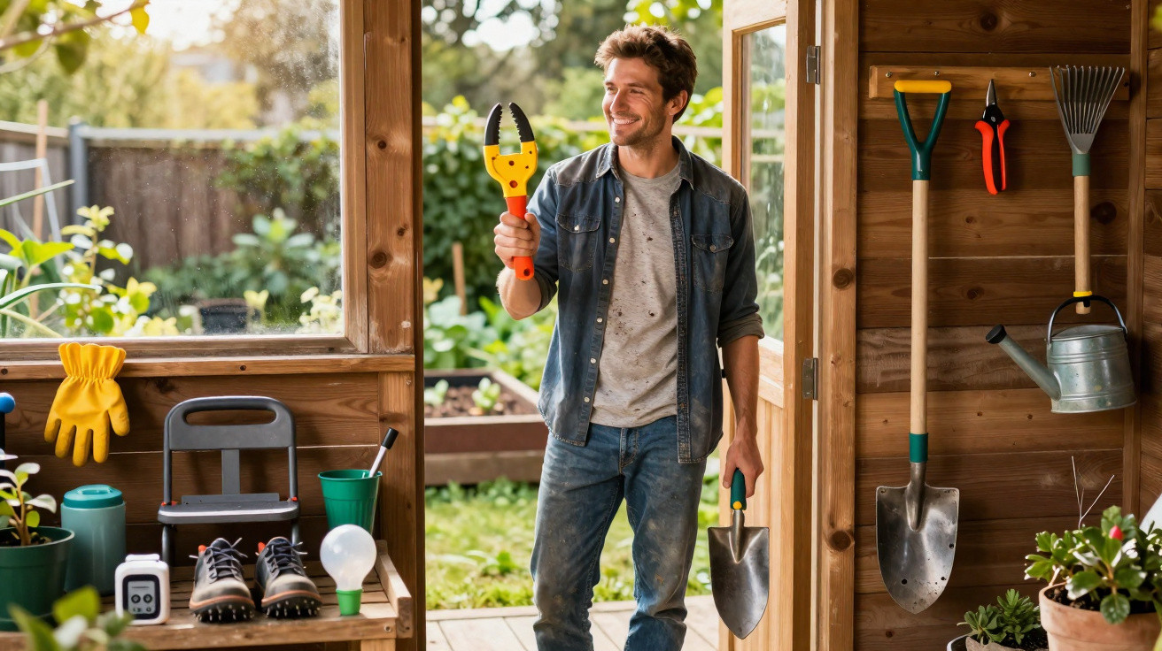 Homem sorridente segurando ferramentas de jardinagem dentro de estufa com plantas ao redor.