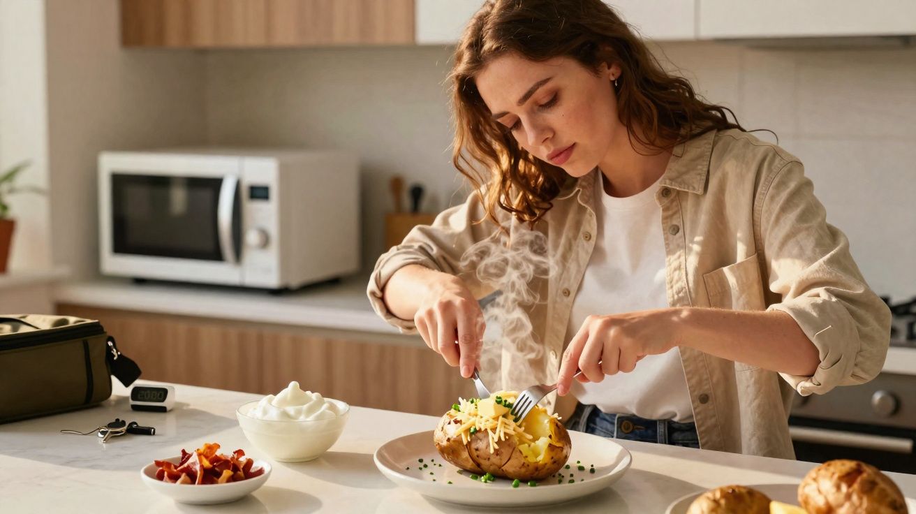 Mulher preparando batata assada com requeijão e bacon na cozinha moderna.