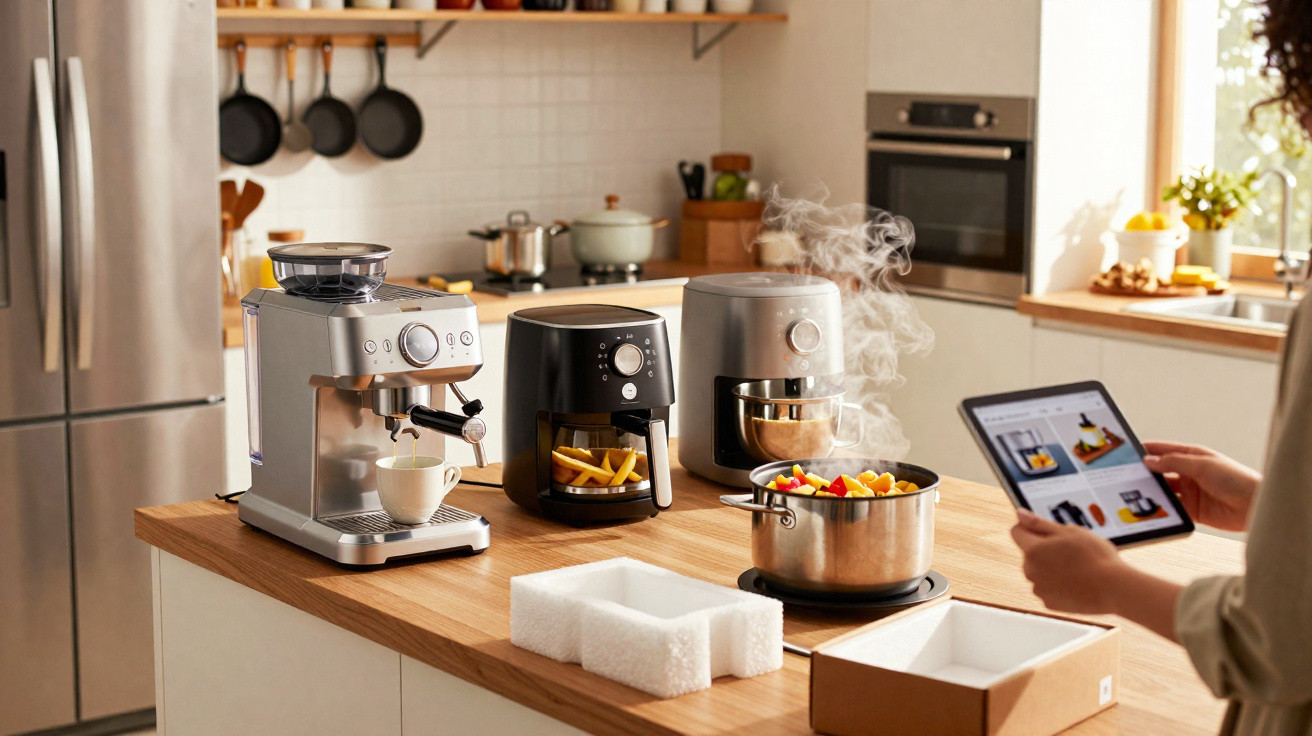 Cozinha moderna com aparelho de café, airfryer, batedeira e panela com legumes fumegantes na bancada.