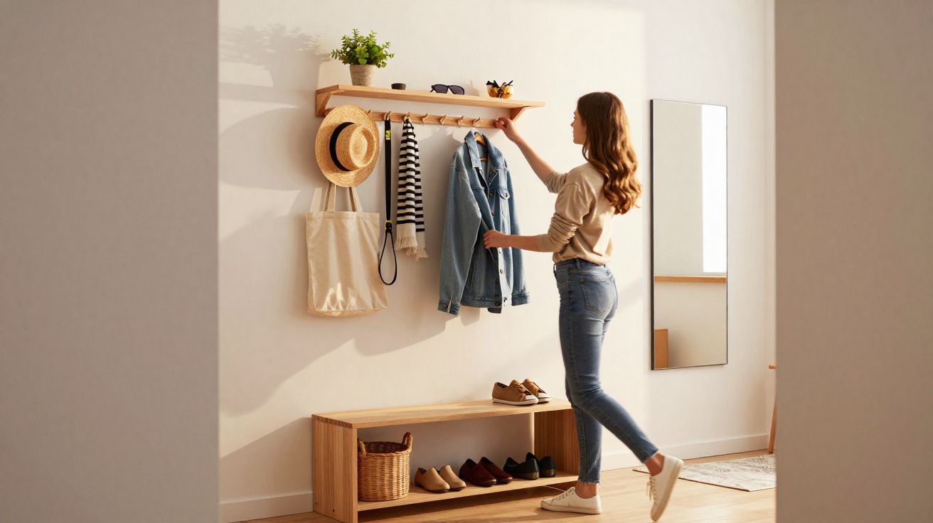 Mulher organiza casaco em cabideiro de madeira em ambiente claro e minimalista com sapatos e espelho.