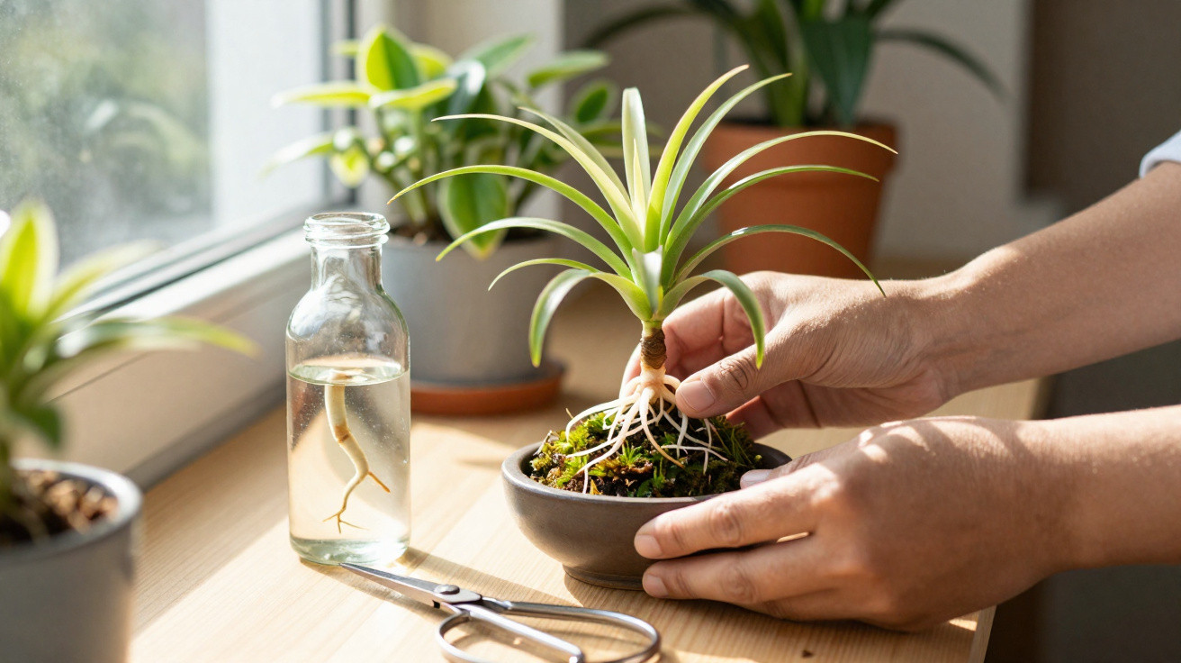 Pessoa cuidando de planta em vaso pequeno ao lado de garrafa com raiz submersa e tesoura.