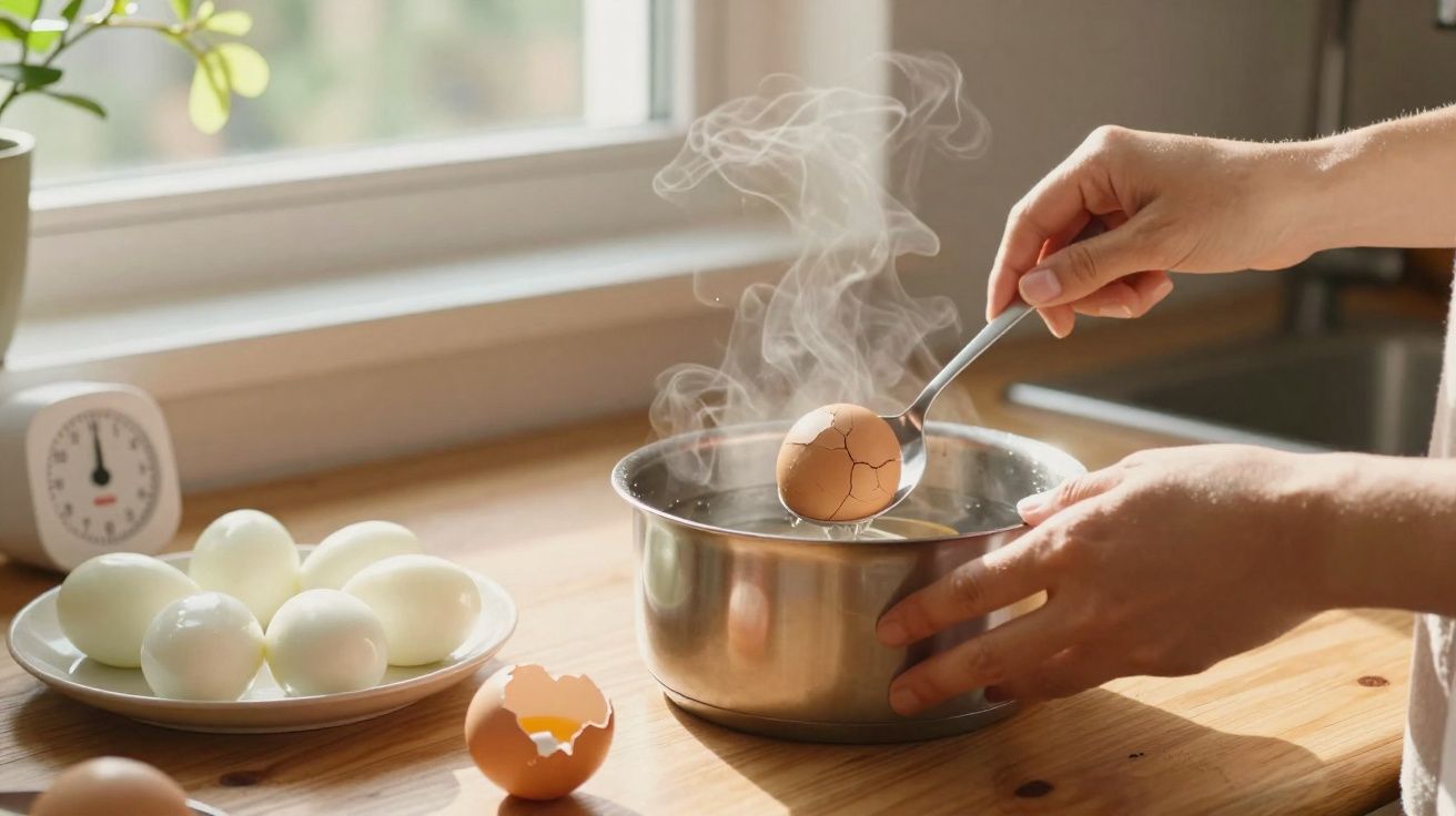 Mãos seguram uma colher com ovo rachado sobre panela com água quente na cozinha iluminada pela janela.