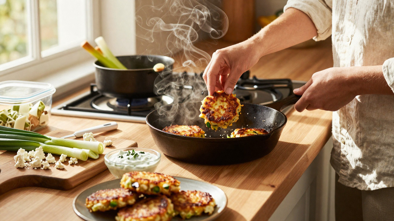Pessoa cozinhando bolinhos dourados em frigideira numa cozinha iluminada com ingredientes ao redor.
