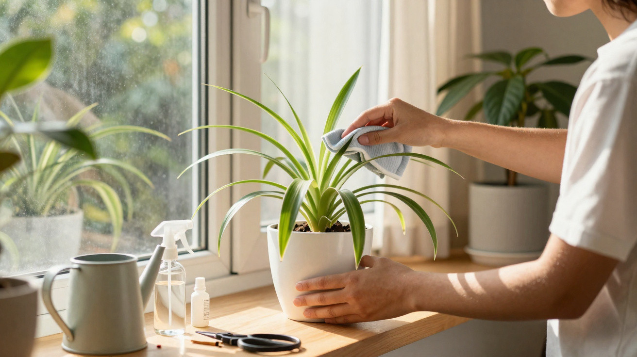 Pessoa limpando as folhas de uma planta em vaso branco sobre o parapeito de uma janela iluminada pelo sol.
