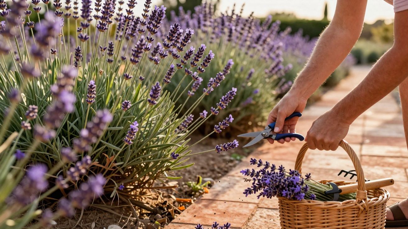 Pessoa colhendo flores de lavanda em campo com cesta de vime ao lado em dia ensolarado
