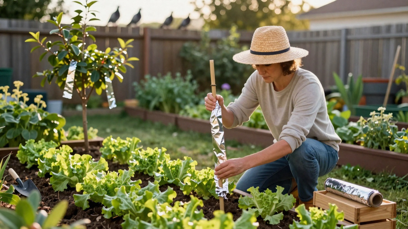 Pessoa com chapéu cuidando de plantas em horta caseira em um jardim ensolarado no quintal.