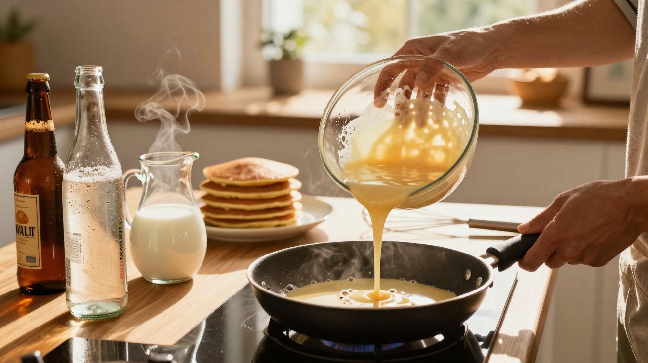 Pessoa despejando massa em frigideira quente para fazer panquecas em cozinha iluminada natural.