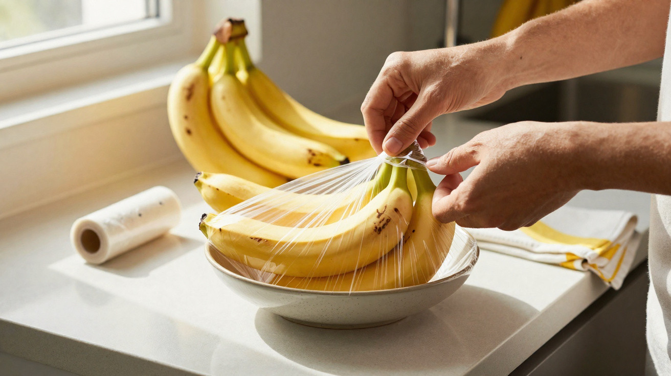 Mãos envolvendo um cacho de bananas com plástico filme em uma cozinha iluminada.