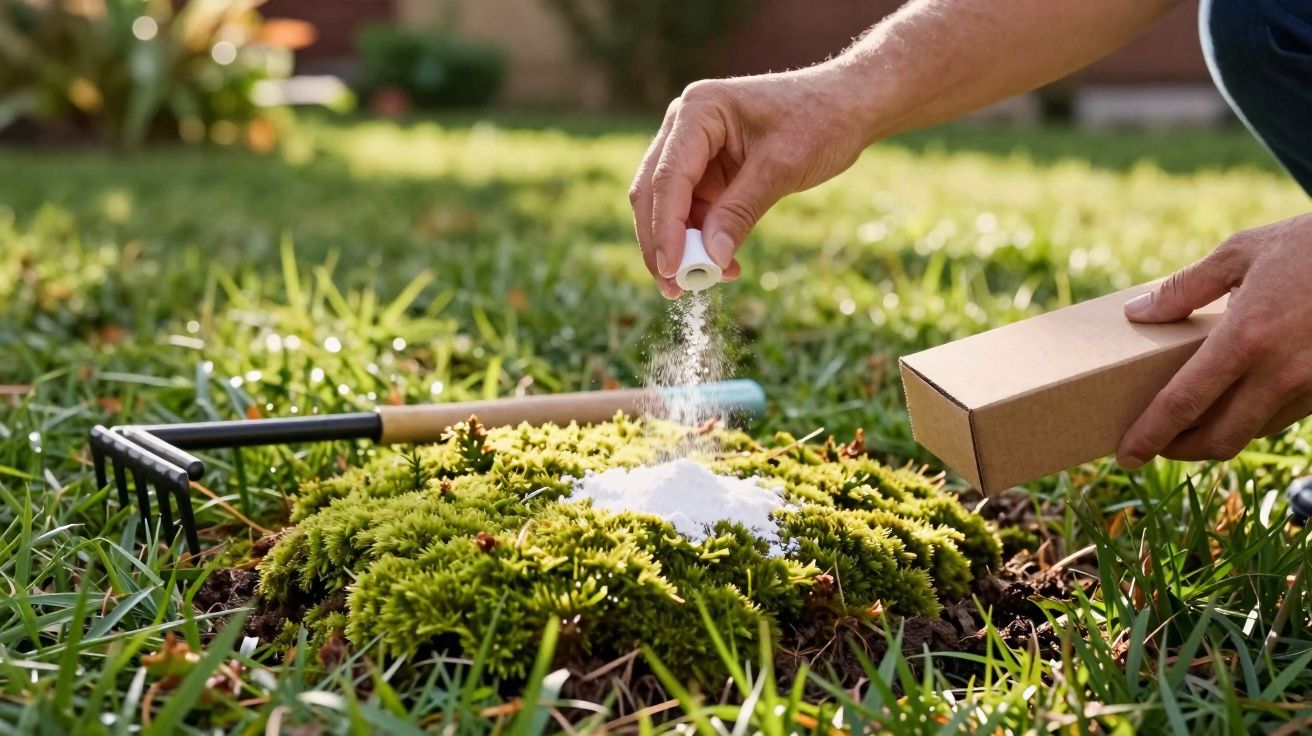 Pessoa aplicando pó branco em musgo no jardim com rastelo ao lado na grama.