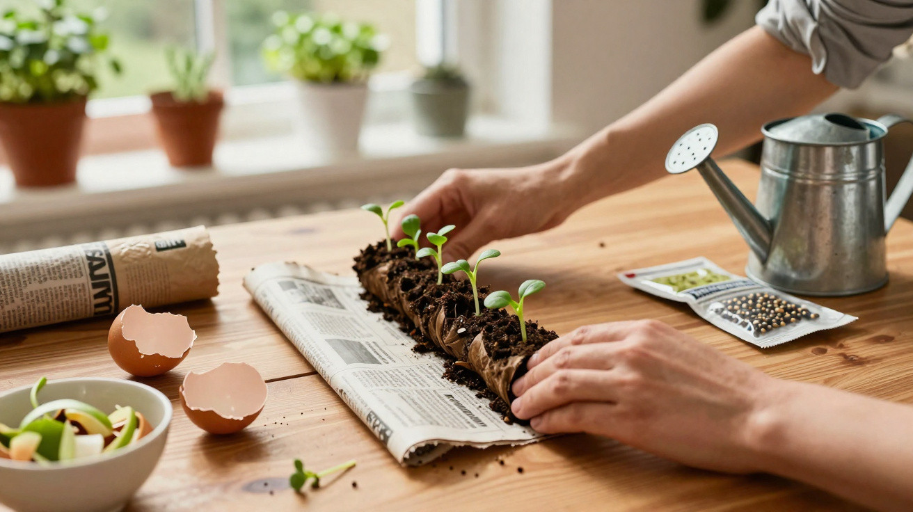 Mãos plantando mudas em jornal sobre mesa de madeira com regador, cascas de ovos e sementes.
