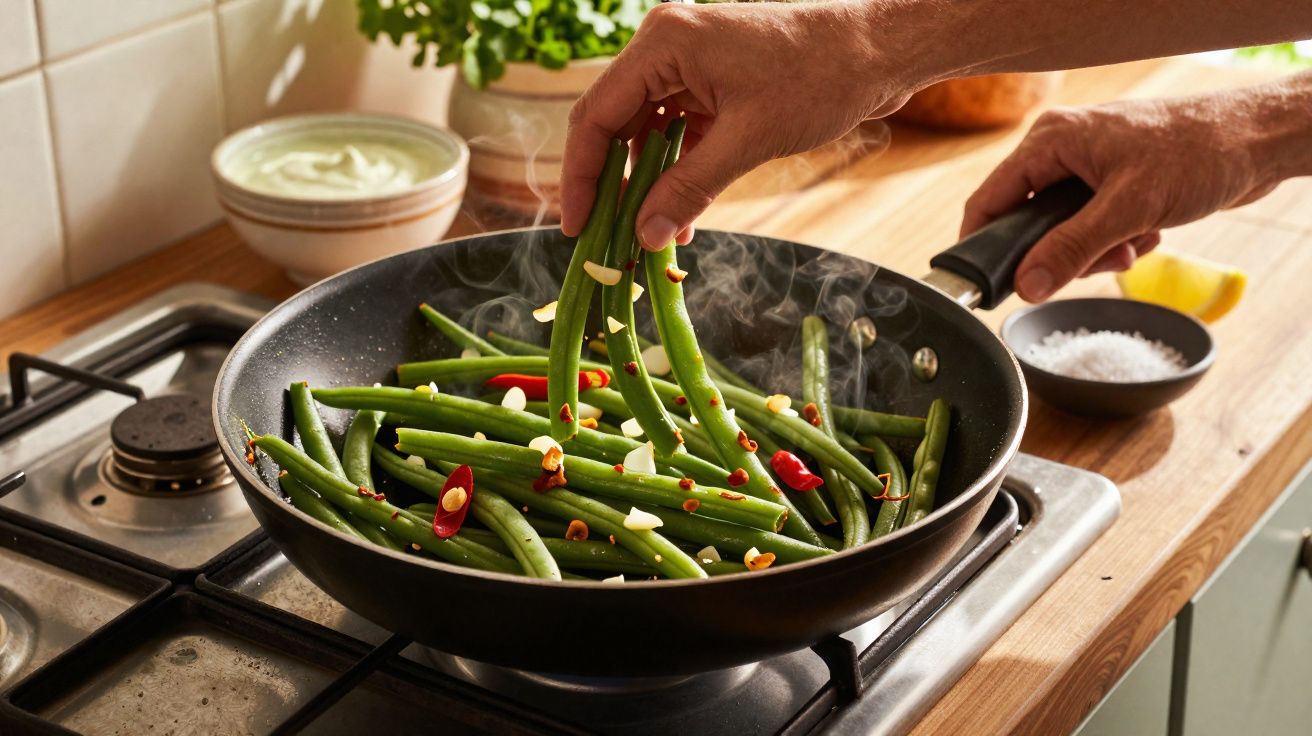 Mãos cozinhando vagens com pedaços de alho e pimenta vermelha em frigideira no fogão a gás.