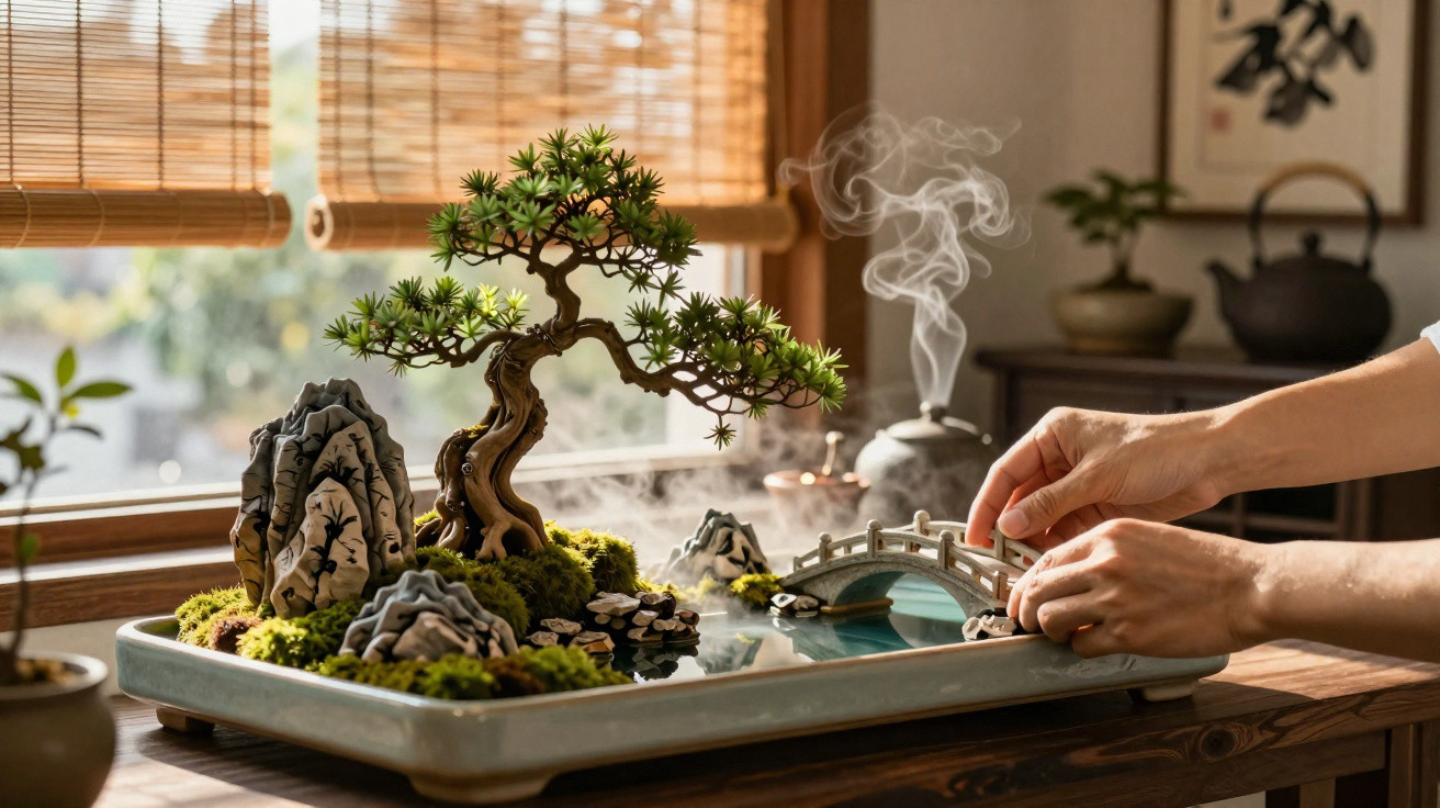 Mãos ajustando mini jardim japonês com árvore bonsai, pedras decorativas e ponte sobre água.
