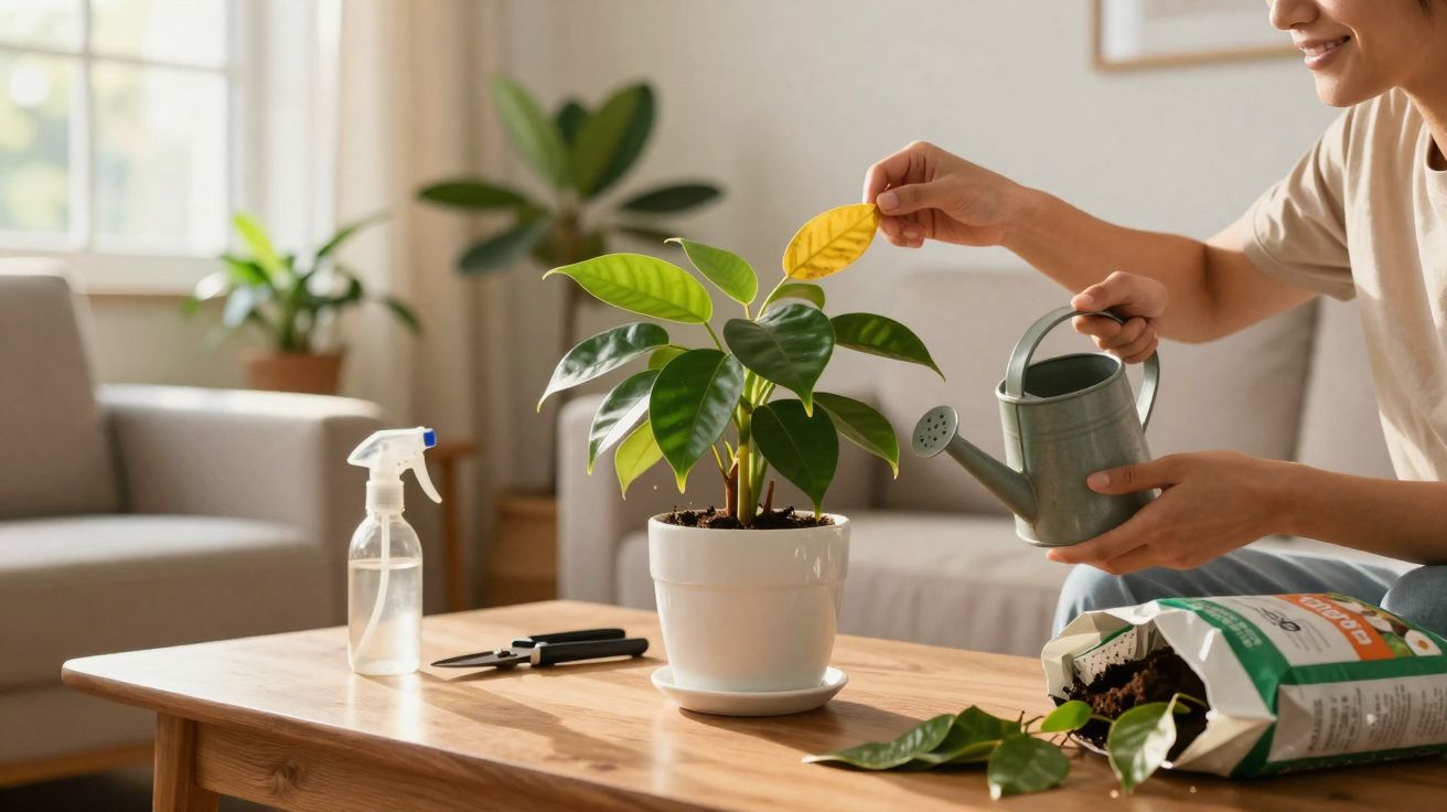 Pessoa cuidando de planta em vaso, removendo folha amarela e regando em sala de estar iluminada.