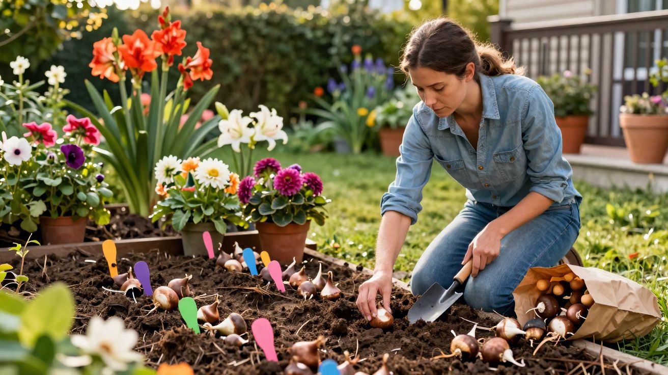 Mulher plantando bulbos de flores em canteiro com etiquetas coloridas em jardim ensolarado.