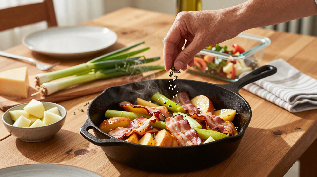 Mão salpicando sal e ervas em frigideira com batatas, bacon e vegetais sobre mesa de madeira.