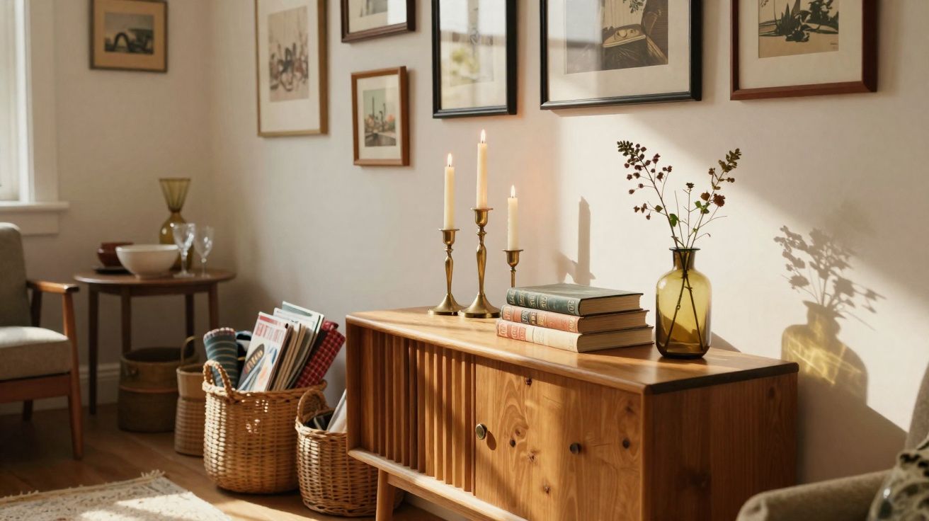 Aparador de madeira com livros, castiçais com velas acesas e vaso com flores em sala decorada.
