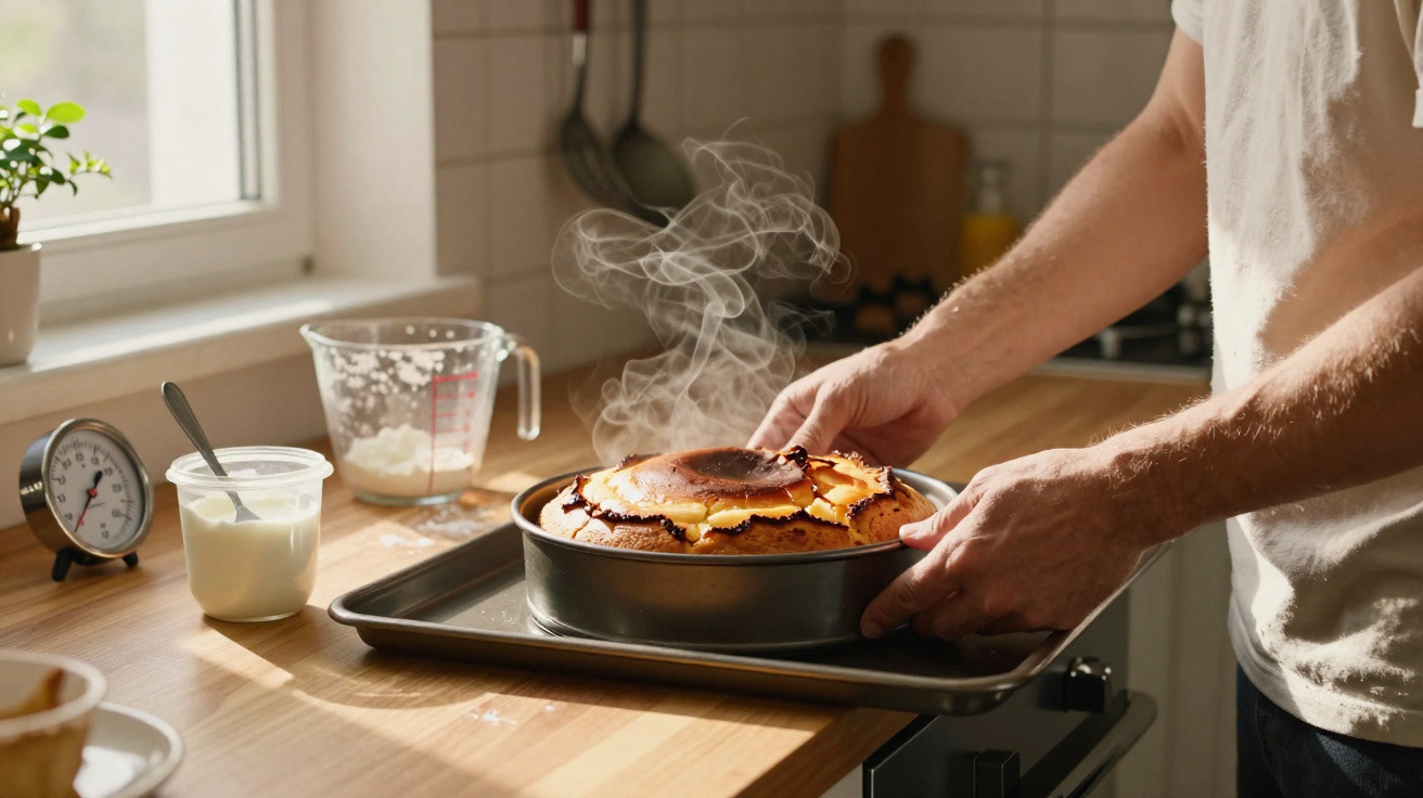 Pessoa tirando bolo quente recém-assado do forno em cozinha com luz natural pela janela.