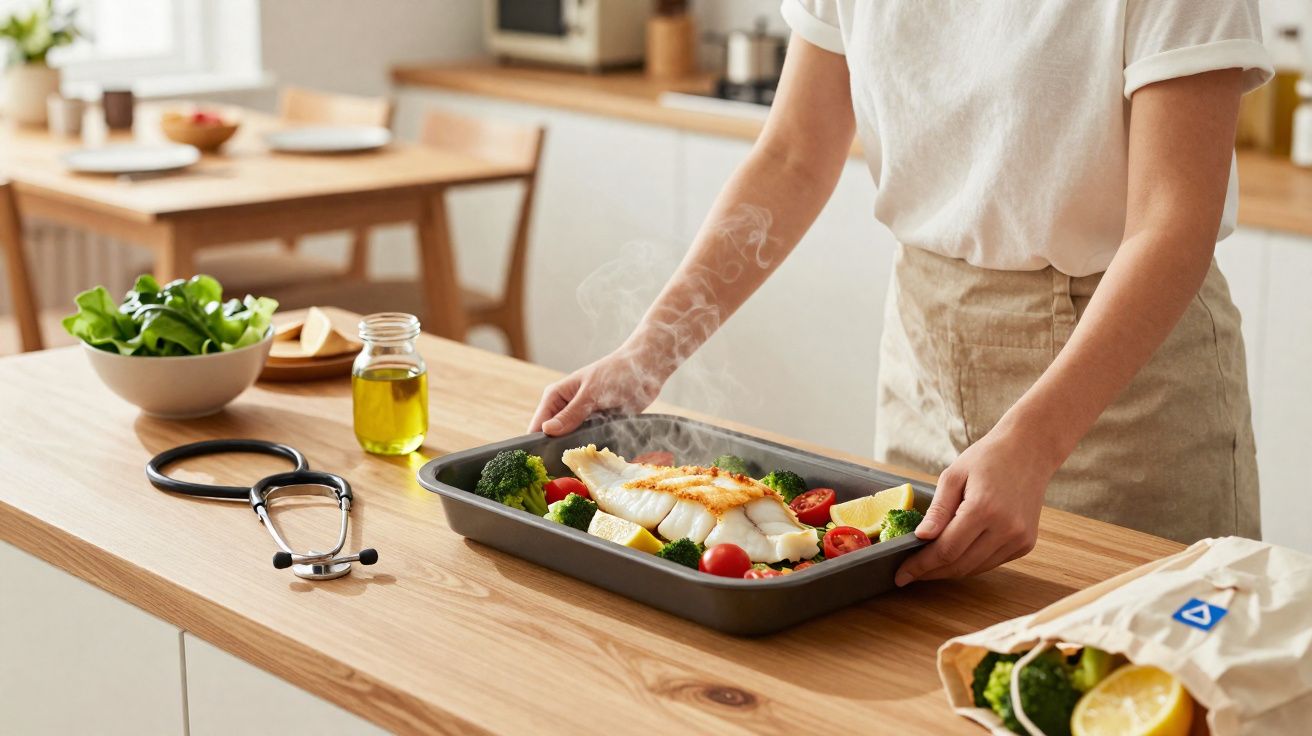Pessoa segurando travessa com peixe grelhado, legumes e tomates em cozinha clara, com estetoscópio na bancada.