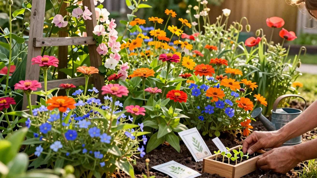 Jardim colorido com flores variadas e pessoa plantando mudas em canteiro ao sol da tarde.