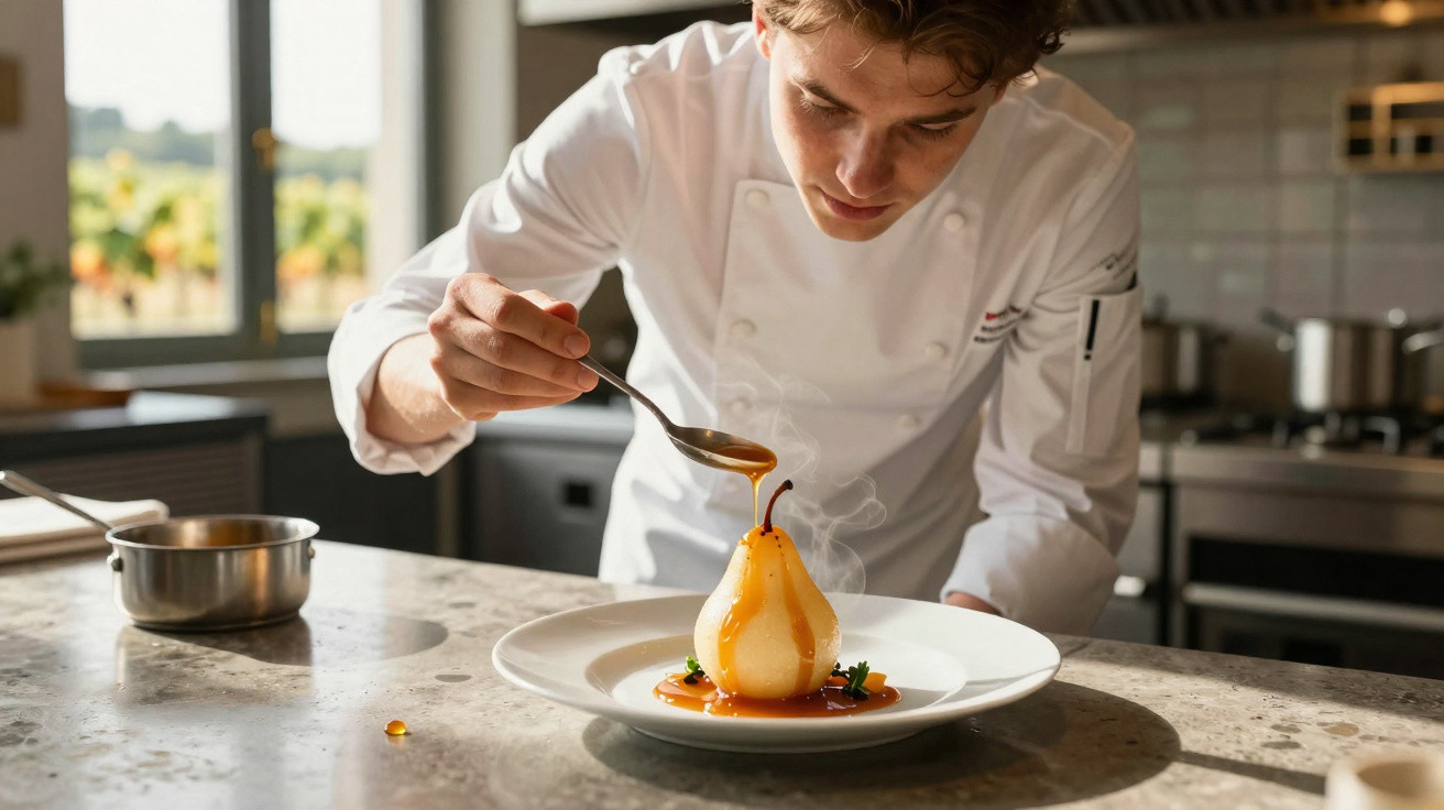 Chef atento decorando pera quente com calda em prato branco na cozinha profissional.