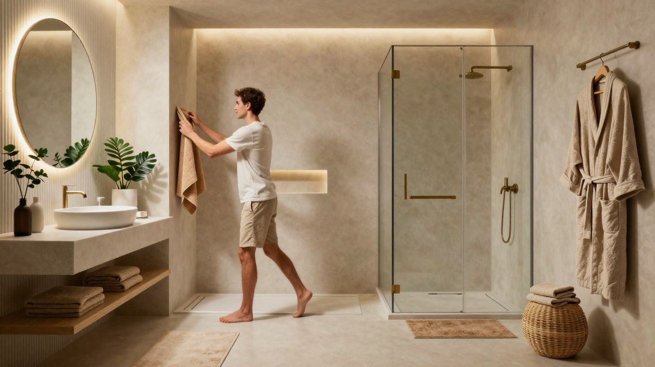 Banheiro moderno com homens pendurando toalha, detalhes em dourado e iluminação suave amarela.