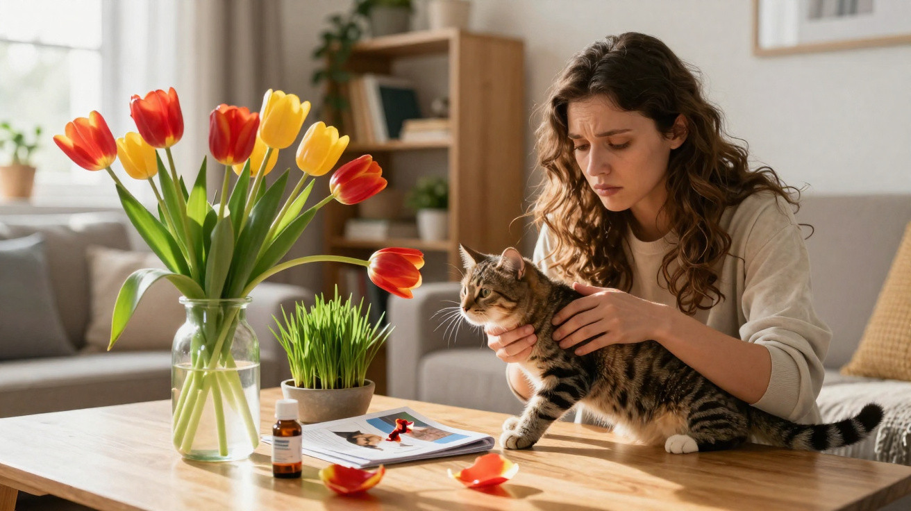 Mulher olhando preocupada para gato em cima de mesa com flores e remédio ao lado em sala de estar.