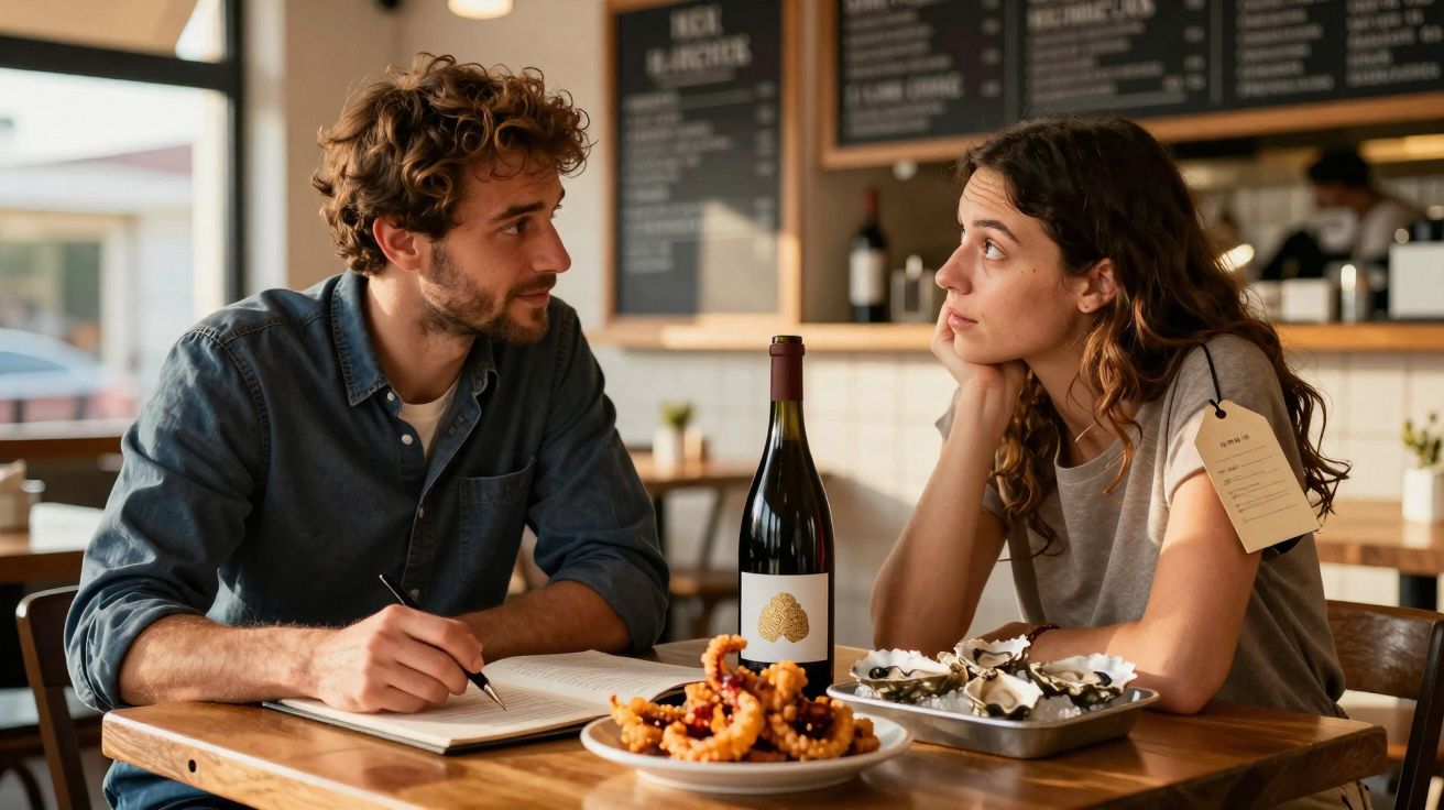 Homem e mulher conversam sentados à mesa com garrafa de vinho, frutos do mar e caderno em restaurante.