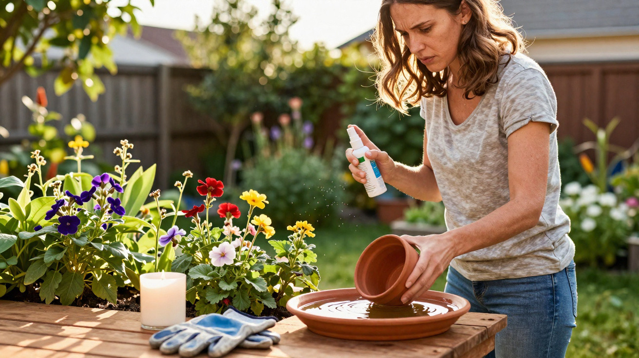 Mulher borrifando água em um vaso de barro em um jardim com flores coloridas ao fundo.