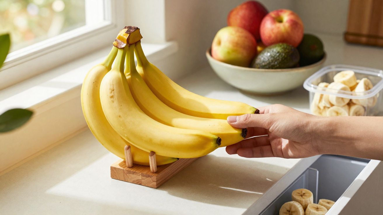 Mão pegando banana em suporte na cozinha com frutas em tigela ao fundo.