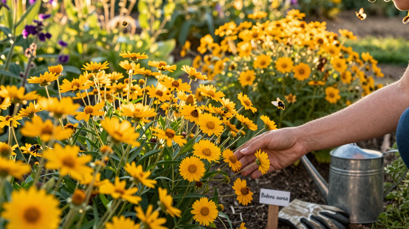Pessoa tocando flores amarelas Bidens aurea em jardim, com regador e luvas no solo.